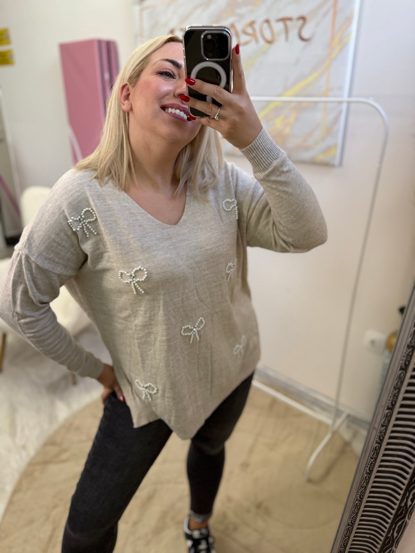 Bow Strass Shirt BEIGE