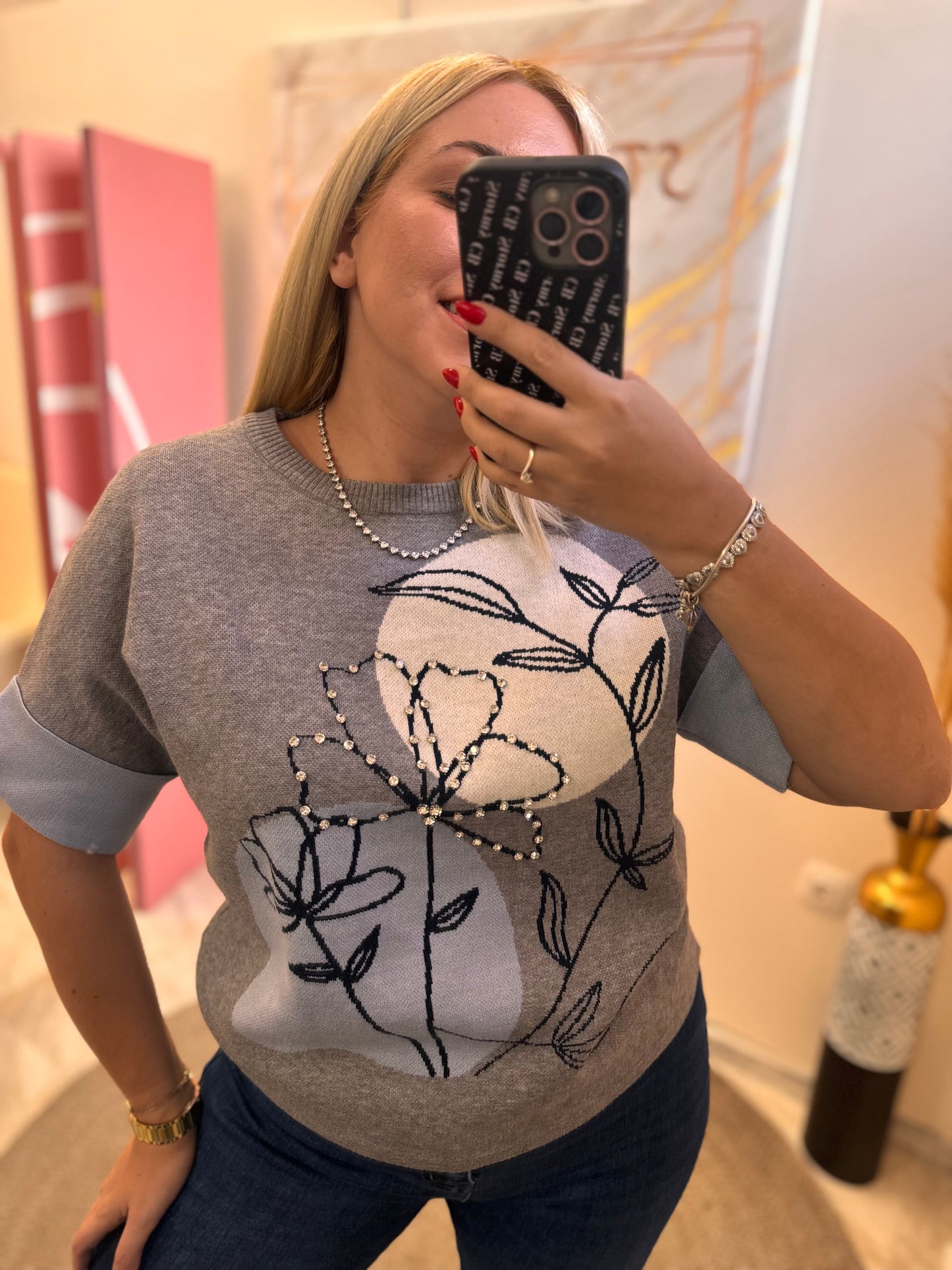 Flower Shirt Strass Grey