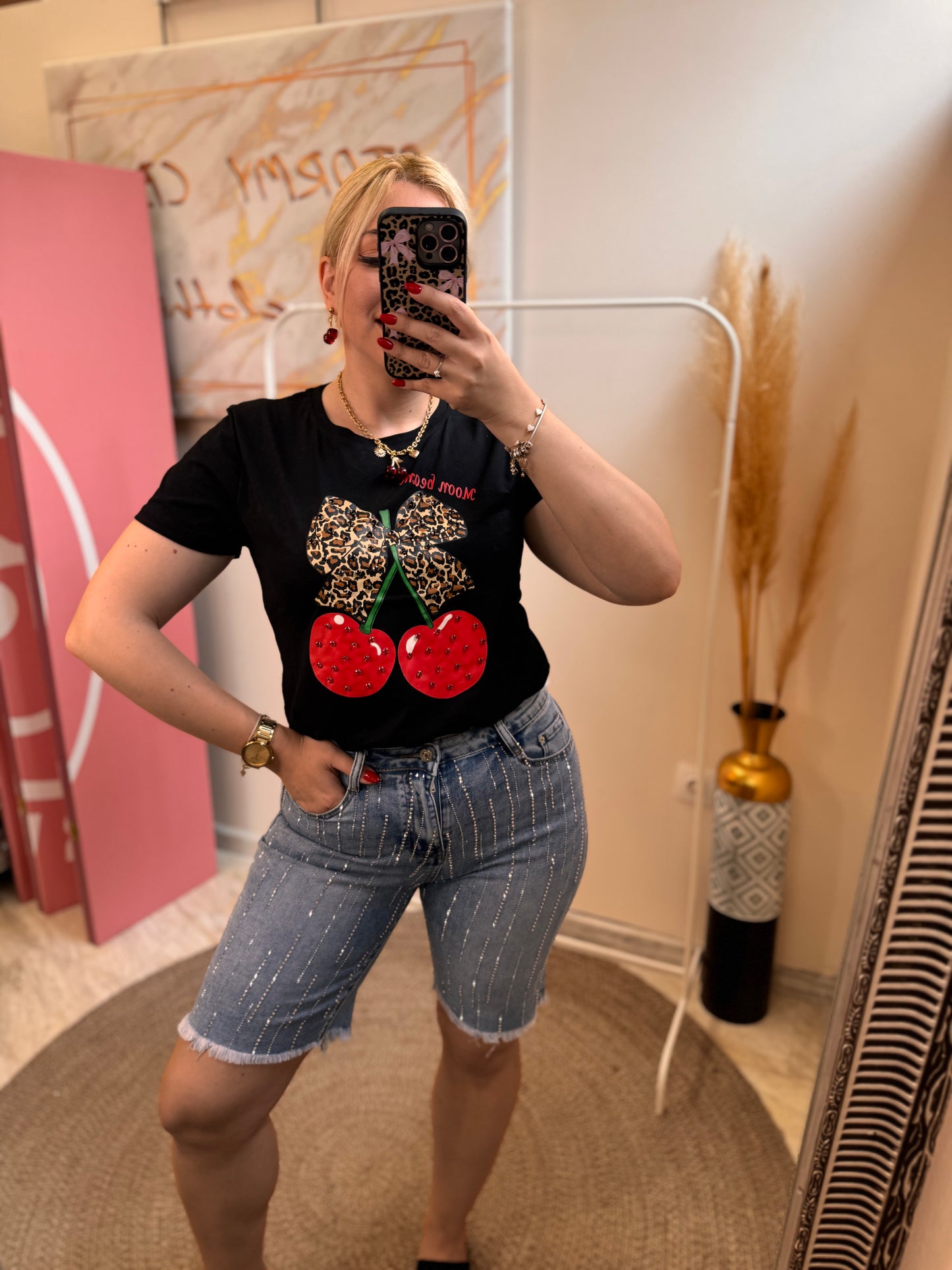 Cherry and Leopard Bow T-Shirt