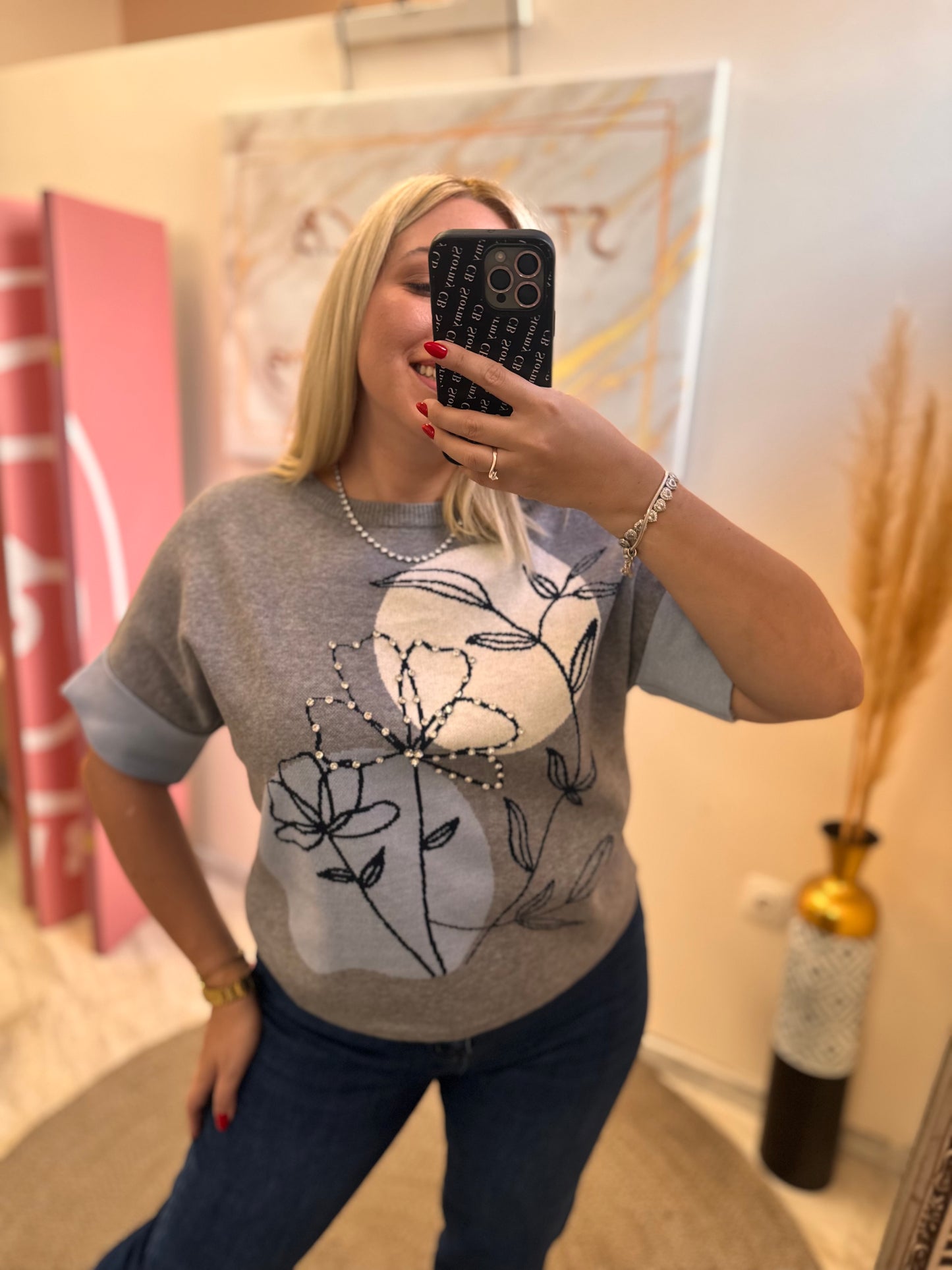 Flower Shirt Strass Grey