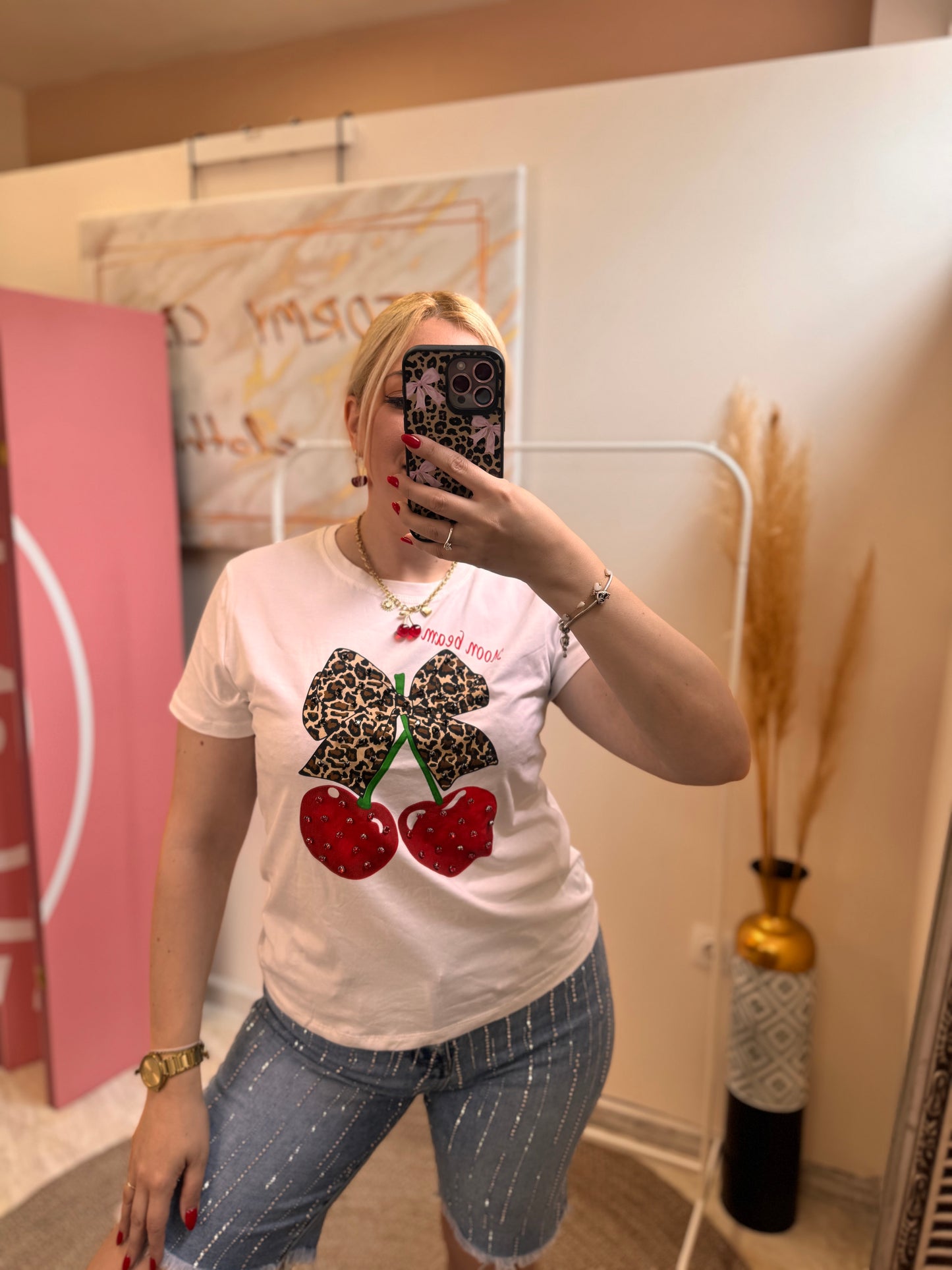 Cherry and Leopard Bow T-Shirt