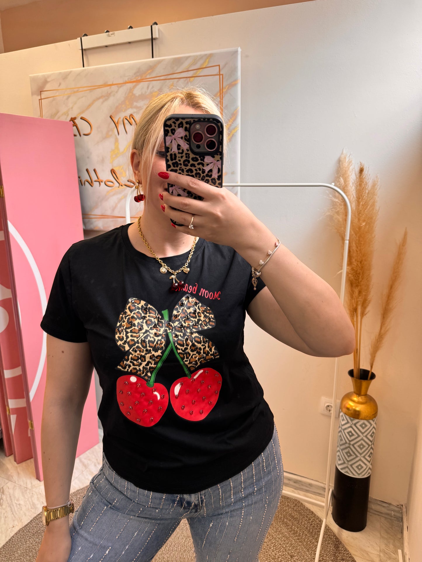 Cherry and Leopard Bow T-Shirt