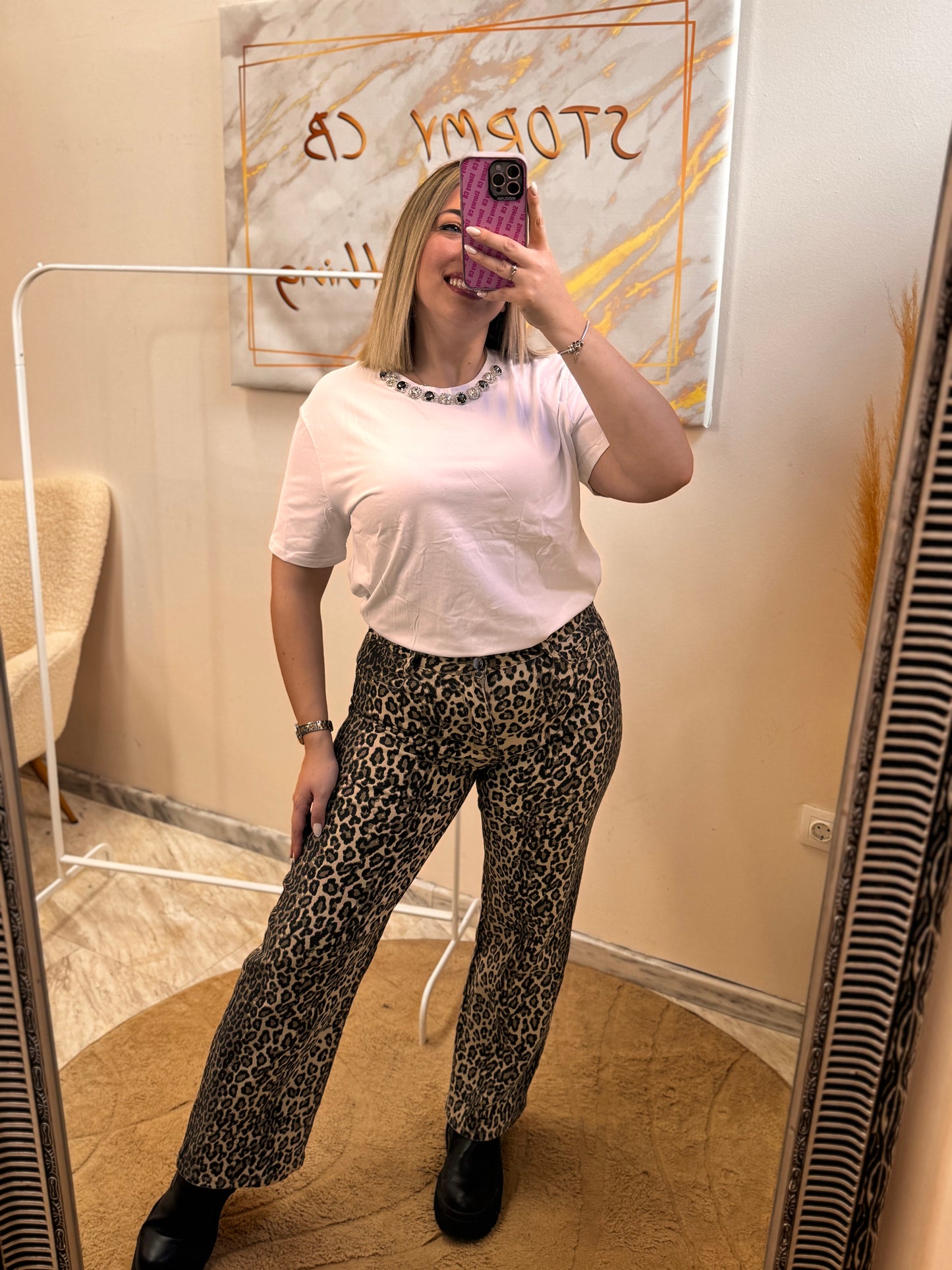 Wide Leg Leopard Jean Beige