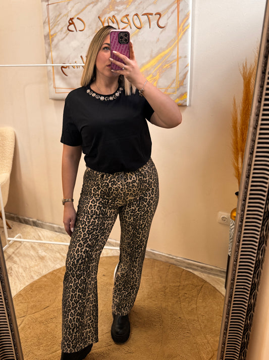 Wide Leg Leopard Jean Beige