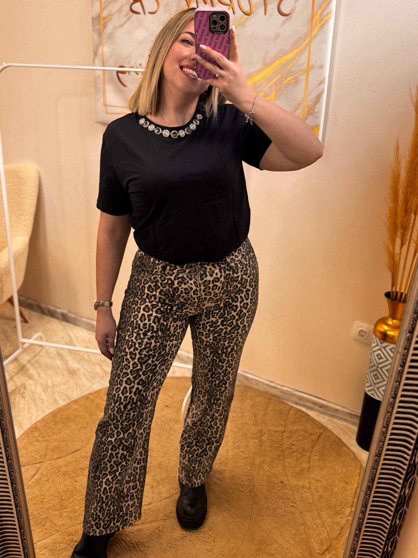 Wide Leg Leopard Jean Beige